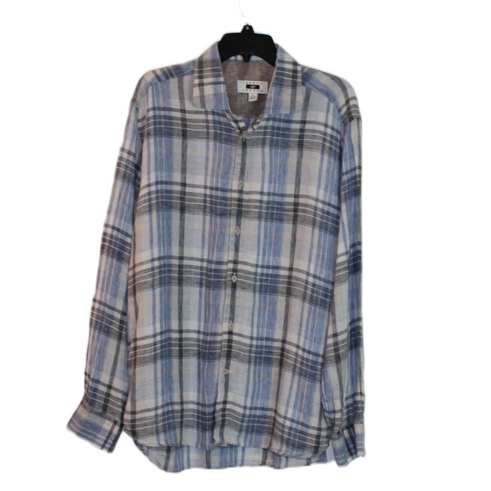 Joseph Abboud 100% Linen Plaid Long Sleeve Button Up Size XL